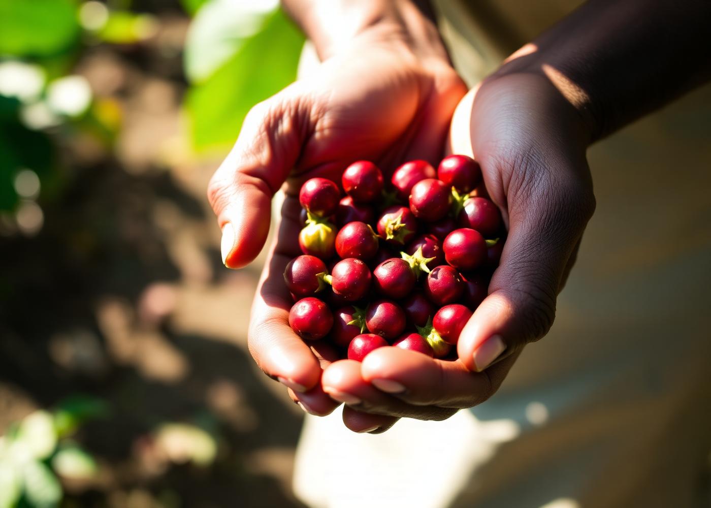 Hands holding fresh coffee cherries