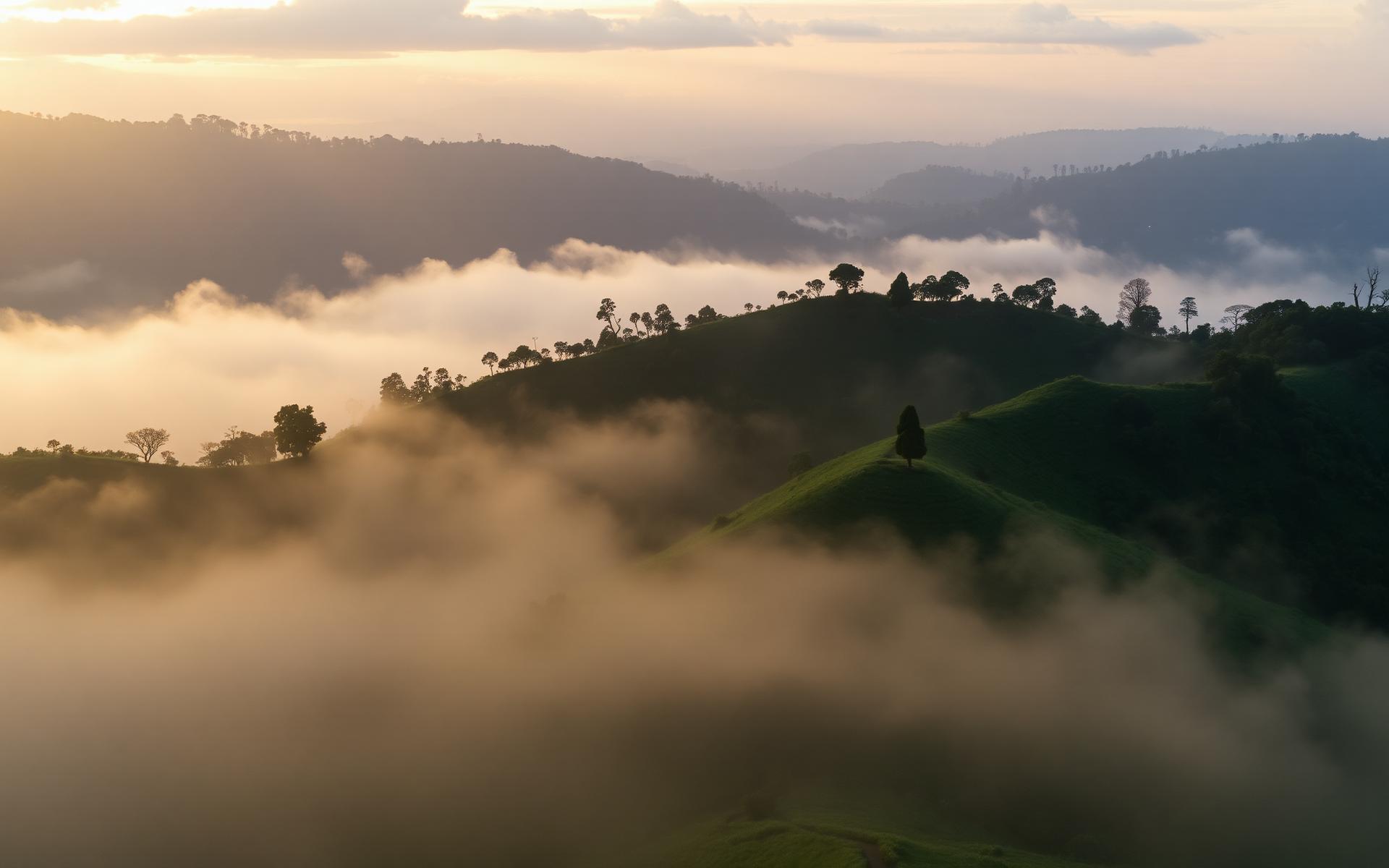 Misty morning over Ugandan coffee hills
